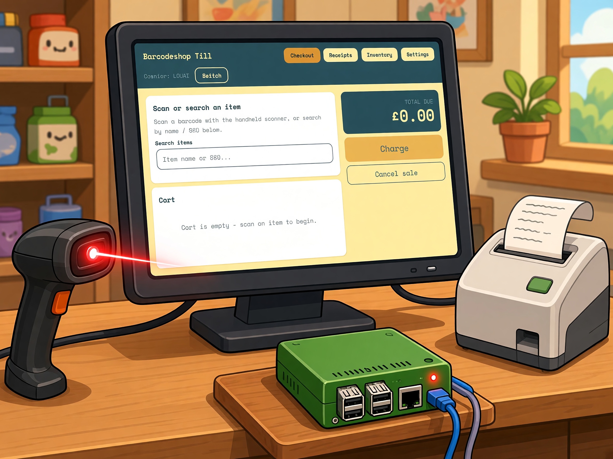Barcodeshop Till running on a till machine, with a handheld barcode scanner and a thermal receipt printer